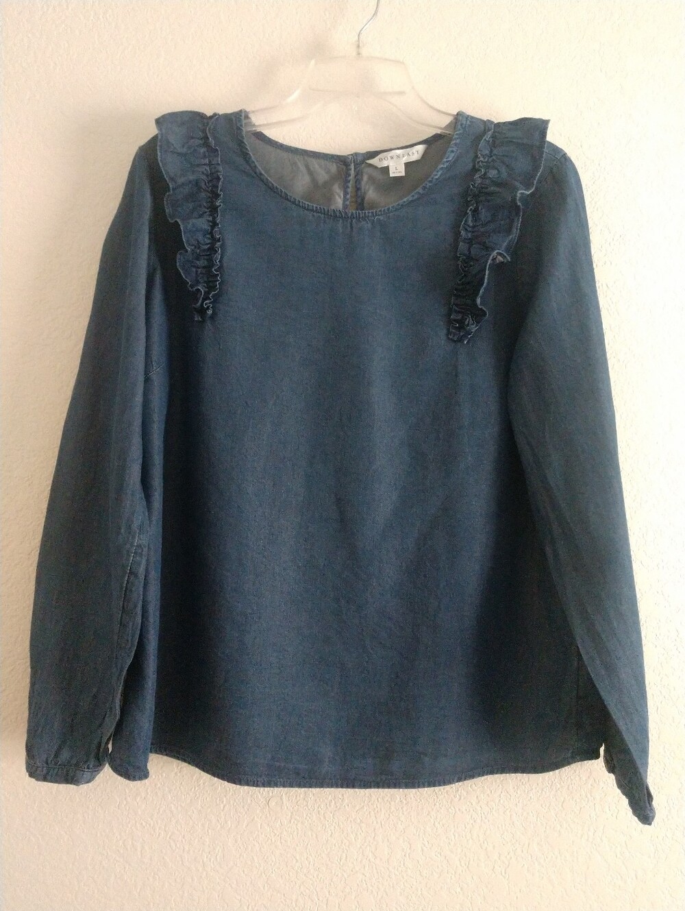 Cute Ruffles Chambray Shirt Cottagecore Feminine Dark Blue Downeast Large